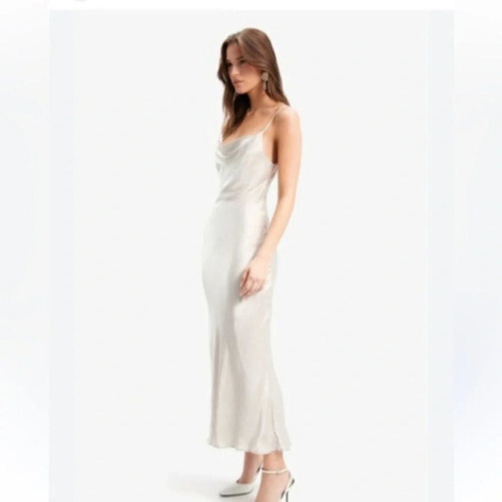 Bardot Slip Dress In Oyster large slit in front adjustable straps maxi